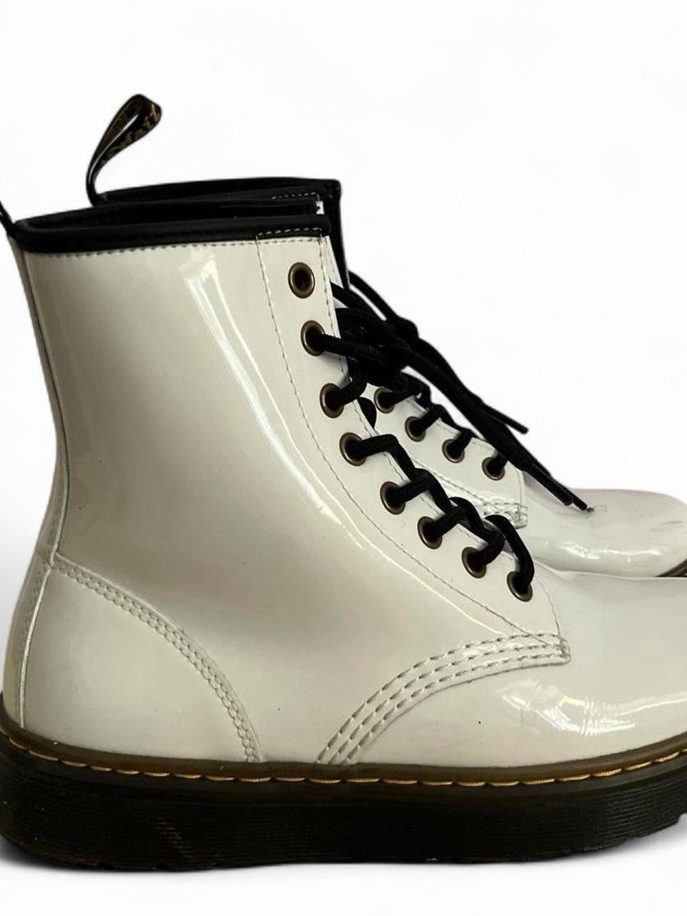White Patent Lace-Up Boots with Black Trim - Picture 3 of 6